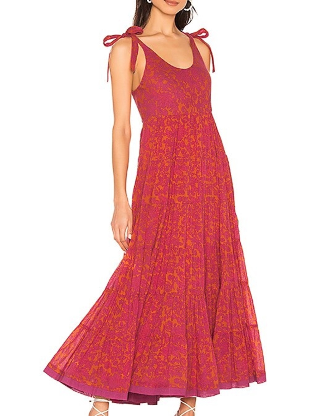 Free People Tie-Shoulder Floral Maxi Dress in Magenta-Orange Size Small